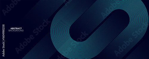 Modern dark blue abstract horizontal banner background with glowing geometric lines. Shiny blue diagonal rounded lines pattern.