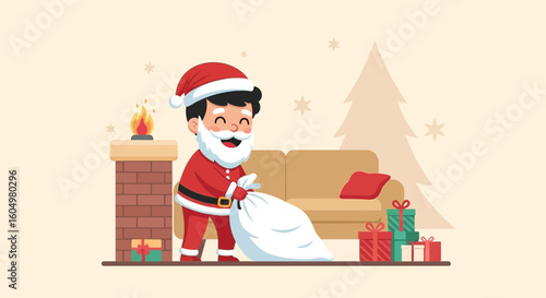 Cheerful Santa Claus Delivers Gifts on Christmas Eve with Happiness