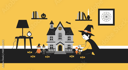 Child Dressed Up Playing With Halloween Figures And A Haunted House