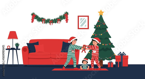 Wallpaper Mural Christmas Eve Joyful Kids Playing Together Exchanging Gifts With Festive Decorations Torontodigital.ca