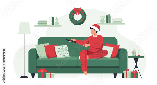 Christmas Evening Relaxing At Home Watching Tv In Pajamas Flat Vector