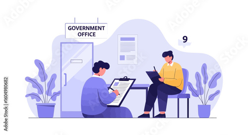 Citizens Filling Out Forms In Governmental Office Waiting Room Illustration