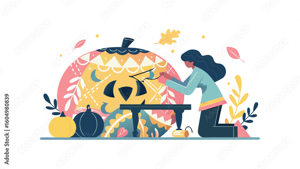 Naklejka premium Vector flat style halloween pumpkin carving concept with woman decorating giant ornamental jack-o-lantern autumn illustration with copy space