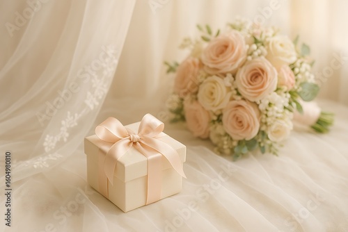 Elegant gift box and bouquet of roses arranged beautifully for a special occasion