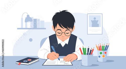 Concentrated Student Writes An Exam At Desk For School Education Purpose