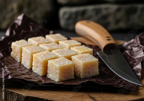 Cubes of traditional icelandic hakarl fermented shark on a rustic wooden board with a knife