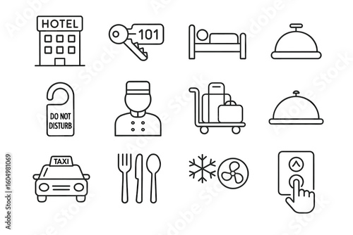 Hotel icon set: hospitality symbols for accommodation services