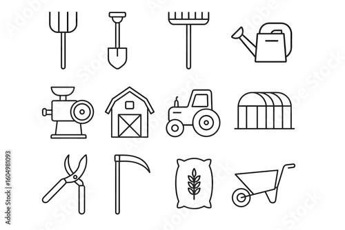 Black and white vector icons of farming equipment: hoe, shovel, rake, watering can