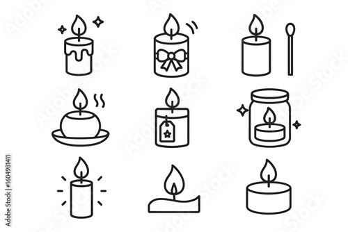 Collection of decorative candle icons with various designs and styles