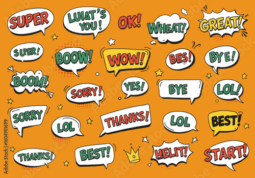 Collection of Fun Comic Style Speech Bubbles Featuring Exclamations and Greetings for Engaging Visual Communication