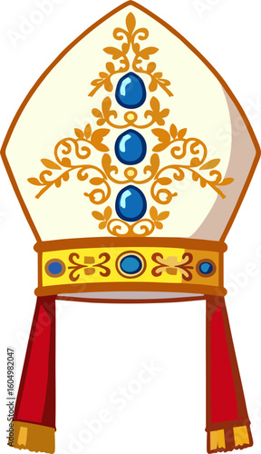 Cartoon Bishop Mitre Hat – Religious Headdress with Gold Embroidery and Blue Gemstones