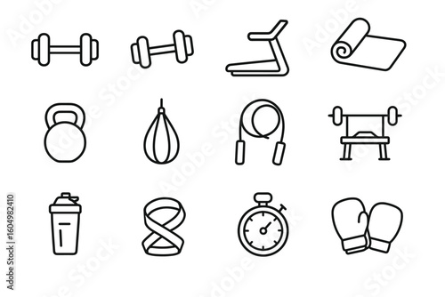 Fitness equipment icons: dumbbells, treadmill, yoga mat, kettlebell, jump rope, punching bag, stopwatch