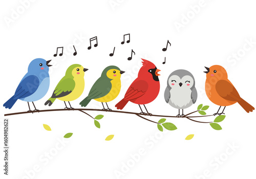 A Flock of Colorful Birds Harmonizing Melodies on a Branch with Musical Notes Floating Above
