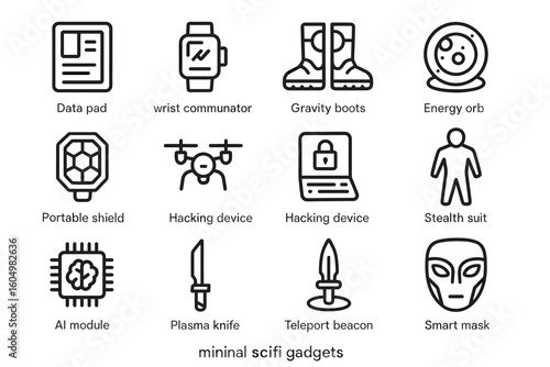 Minimal sci-fi gadgets icons: energy orb, gravity boots, hacking device, stealth suit, smart mask