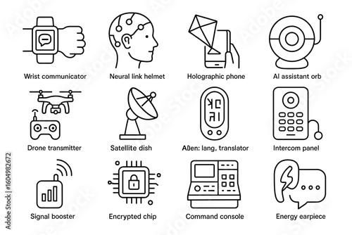 Futuristic technology icons: communicators, ai, drones, and more