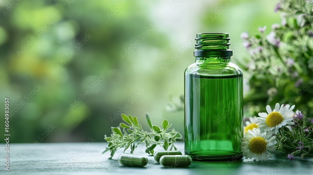 Vibrant Green Bottle of Herbal Supplement with Natural Surroundings Vibrant Green Bottle of Herbal Supplement with Natural Surroundings