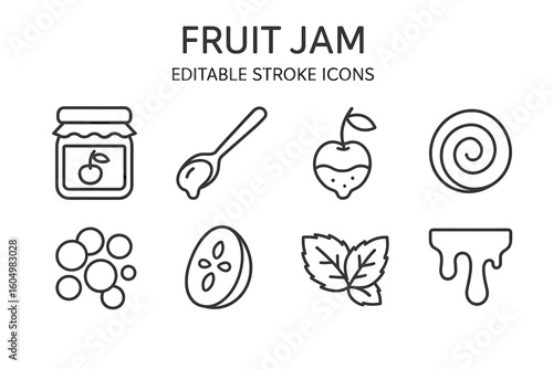 Fruit jam icons collection: jar, spoon, berry, swirl, bubbles, seed, leaves, drip