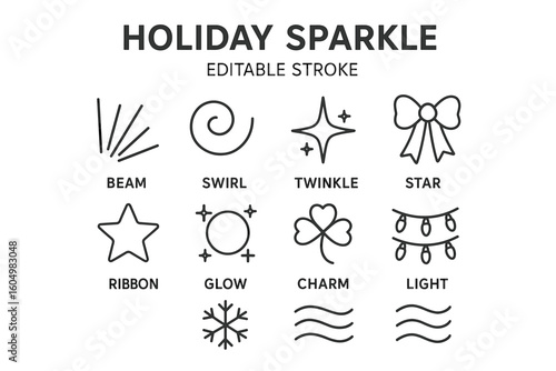 Holiday sparkle icons: beam, swirl, twinkle, star, ribbon, glow, charm, light