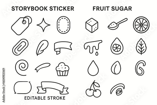 Simple icons: storybook stickers and fruit sugar symbols