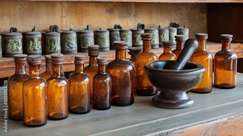 Vintage Apothecary Set with Amber Bottles and Mortar on Wooden Table