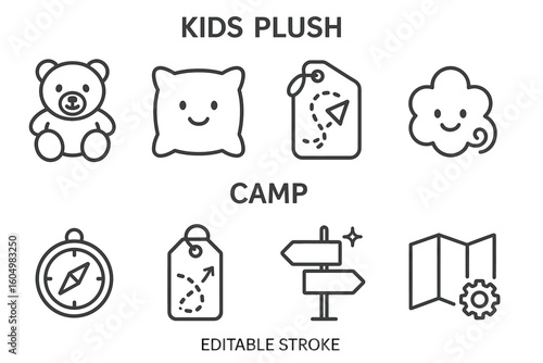 Kids plush and camp icons set with editable stroke for design projects