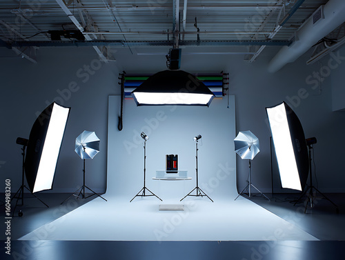 Professional product photography studio setup with softboxes and lighting equipment for commercial shoots creating clean and bright visuals
