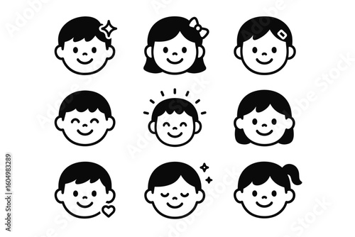 Illustrated children's faces with various expressions in black and white
