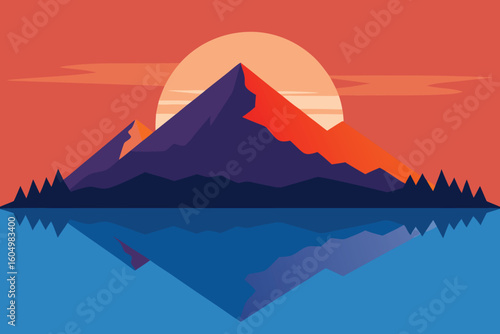 Minimalist Mountain Landscape Vector Art: Sunset Reflection on Lake, Geometric Design