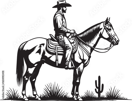 Cowboy riding horse in desert landscape cactus