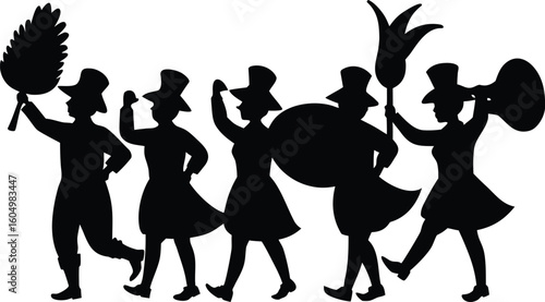 Shadow Silhouette Parade with Fancy Hats and Props Celebrating Joyful Events in Artistic Expression and Performance Arts Tradition
