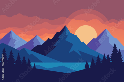 Minimalist Mountain Landscape at Sunset Vector Illustration Wallpaper Background