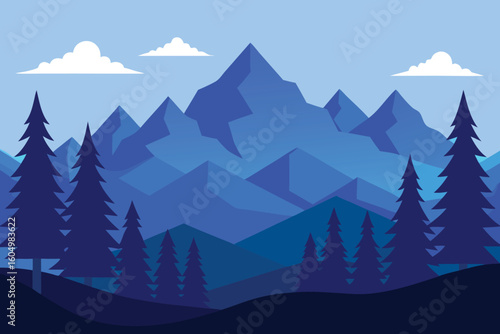 Blue Mountain Landscape Vector Illustration with Pine Trees and Clouds Graphic Art