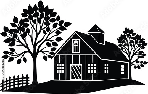 Silhouette of a barn house with trees and a fence showcasing simple country living and rural charm in a black design