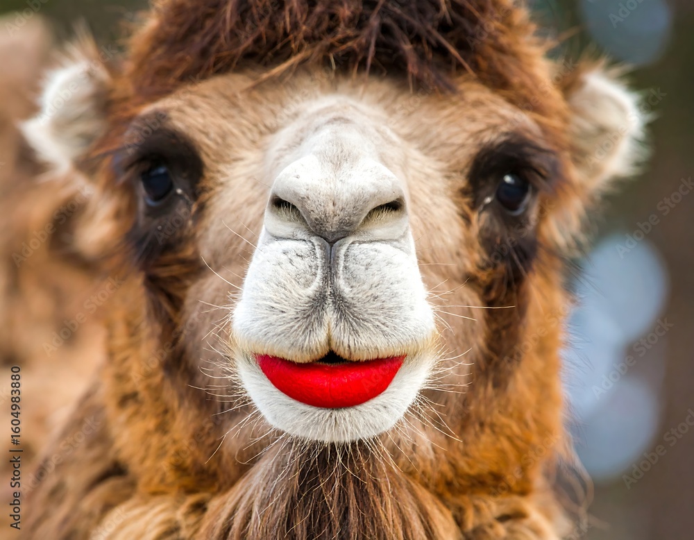 Obraz premium Camel with red lips close-up