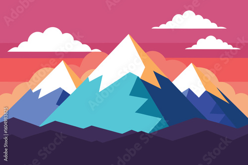 Vector Mountain Landscape Illustration: Colorful Peaks, Sunset Sky, Clouds, Nature Art