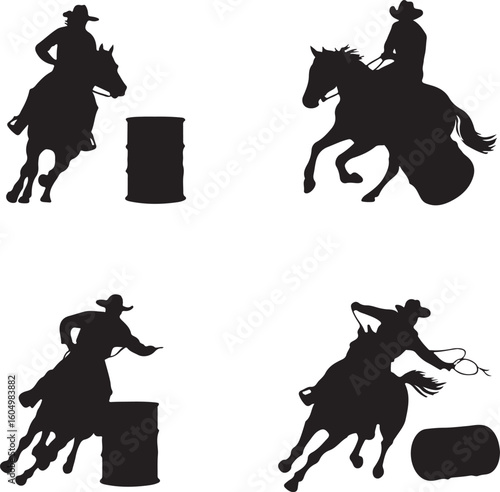 Cowboys riding horses around barrels barrel racing rodeo
