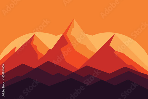 Minimalist Mountain Landscape: Geometric Peaks in Warm Orange and Red Sunset Vector Art