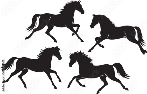 Four black horse silhouettes in motion horses running