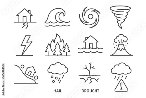 Natural disaster icons: tornado, earthquake, flood, volcano, fire, hurricane