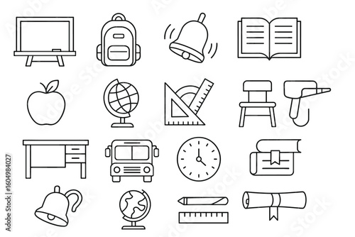 School icons: classroom, backpack, bell, books, apple, globe, protractor, desk