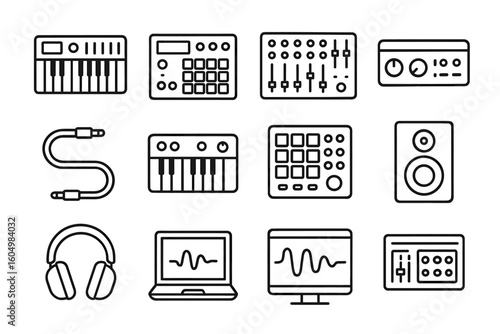 Music production equipment icons: synthesizer, mixer, speaker, headphones, laptop