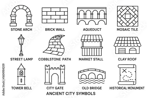 Ancient city symbols: architectural elements and historical monuments