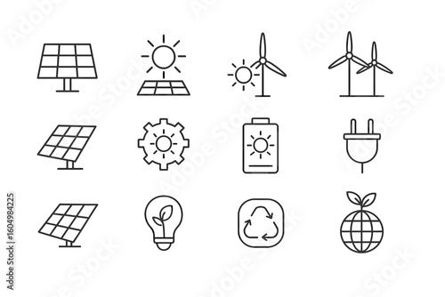 Renewable energy icons: solar panels, wind turbines, and environmental symbols