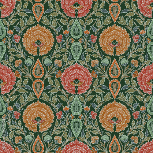 Classic Mughal-Inspired Seamless Floral Pattern – Heritage Indian Textile Motif with Green Base