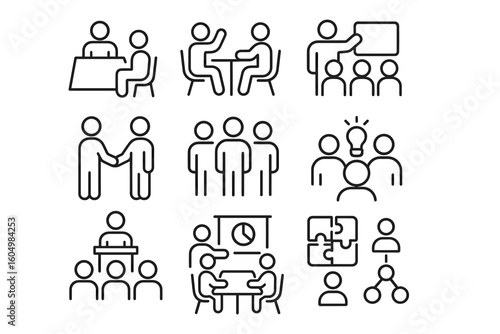 Business meeting and teamwork line art icons for collaboration and presentation