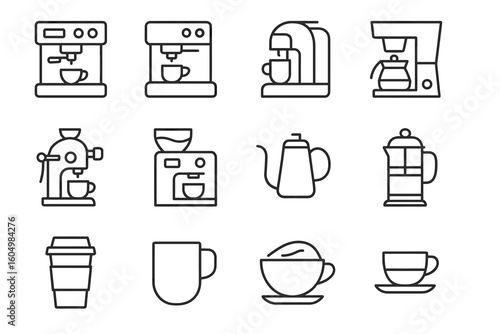 Outline icons of various coffee makers and cups