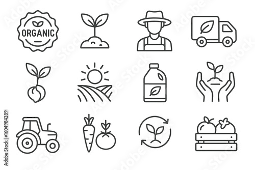 Organic farming icons set: plants, farmer, tractor, and eco-friendly symbols