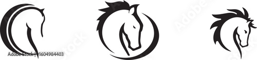 Black horse head silhouettes with flowing manes and tails equine white