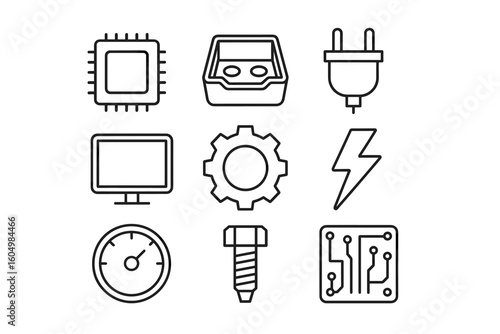 Set of technology icons: chip, socket, plug, monitor, gear, lightning, speed, bolt, circuit