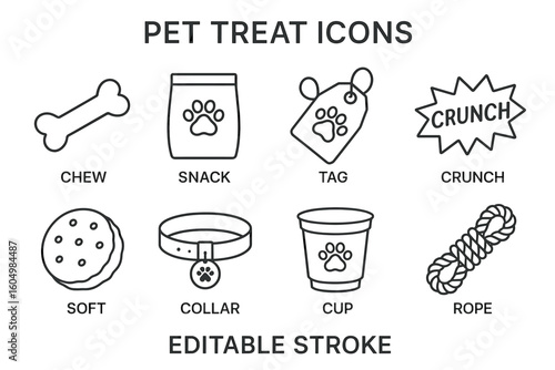 Pet treat icons collection: chew, snack, tag, crunch, soft, collar, cup, rope